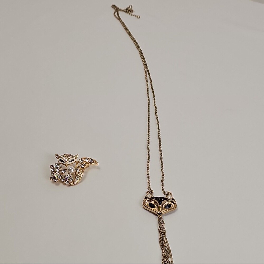 Fox Jewelry Lot Rhinestone Brooch Pin Tassel Pendant Necklace Silver Tone